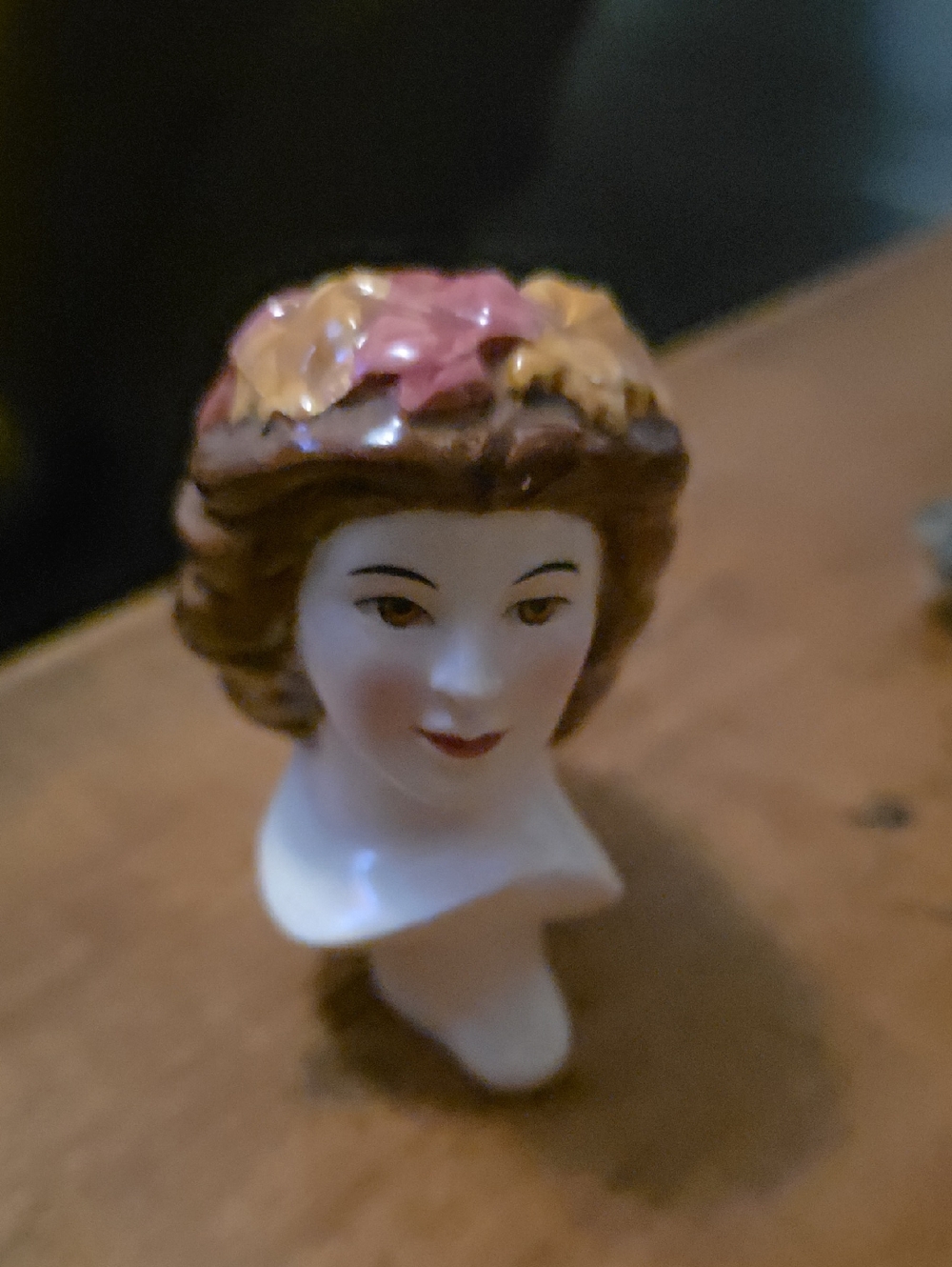 Porcelain Lady Head Figurine with Brown Hair and Pink/Yellow Flower Crown